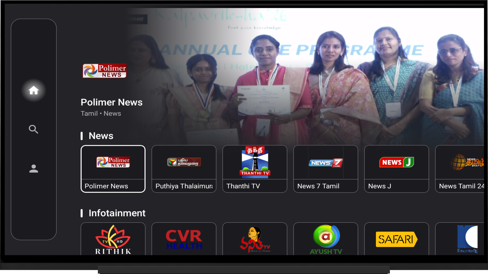 Home screen: Browse live channels by language, network and genre.