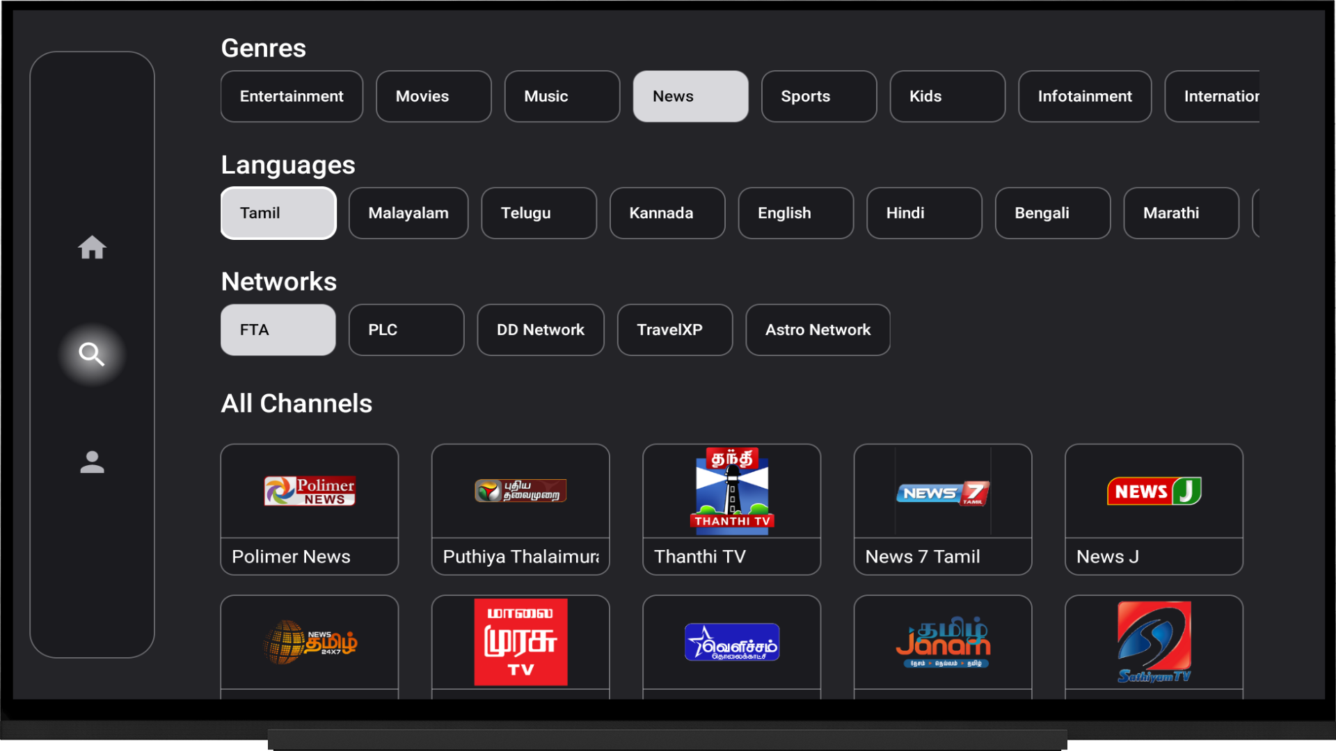Channel list: Search, favourites and quick channel switching.