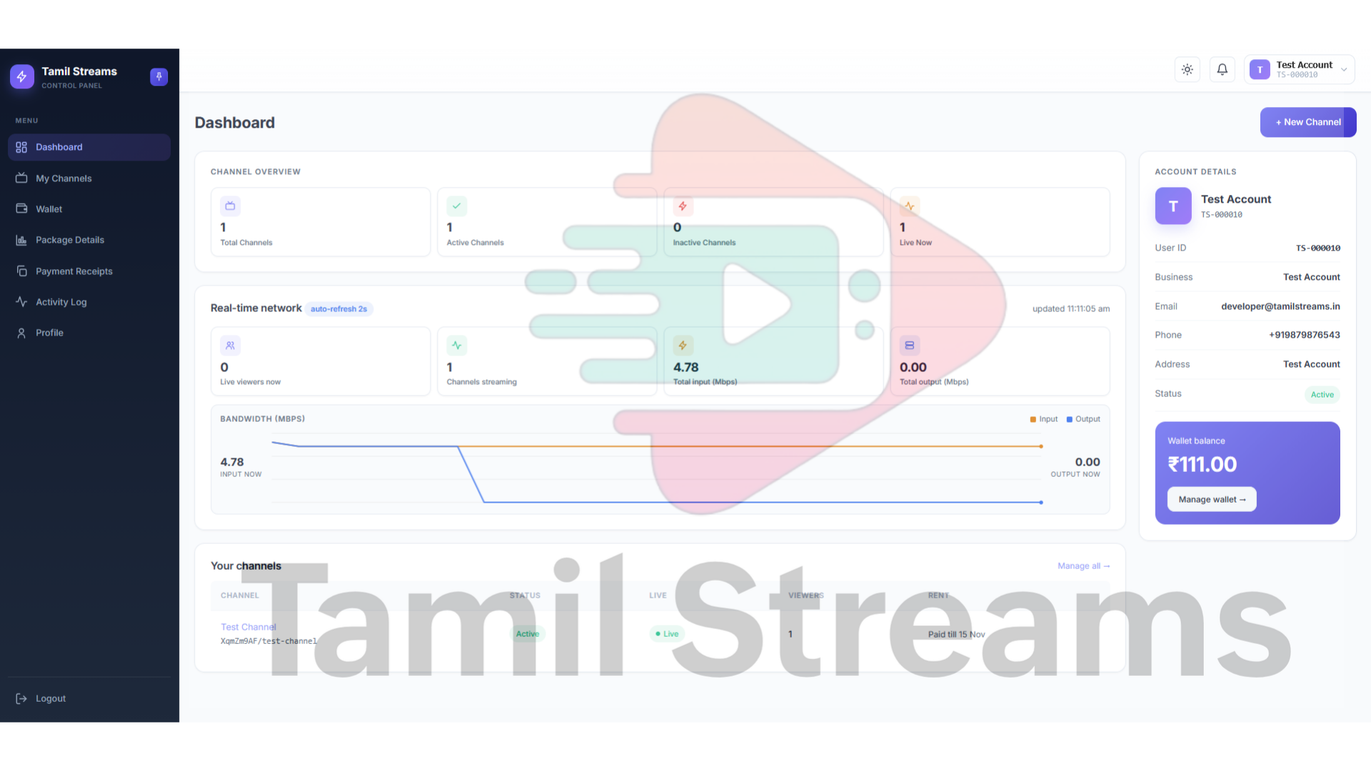 Dashboard: Channels, live status and wallet balance at a glance.