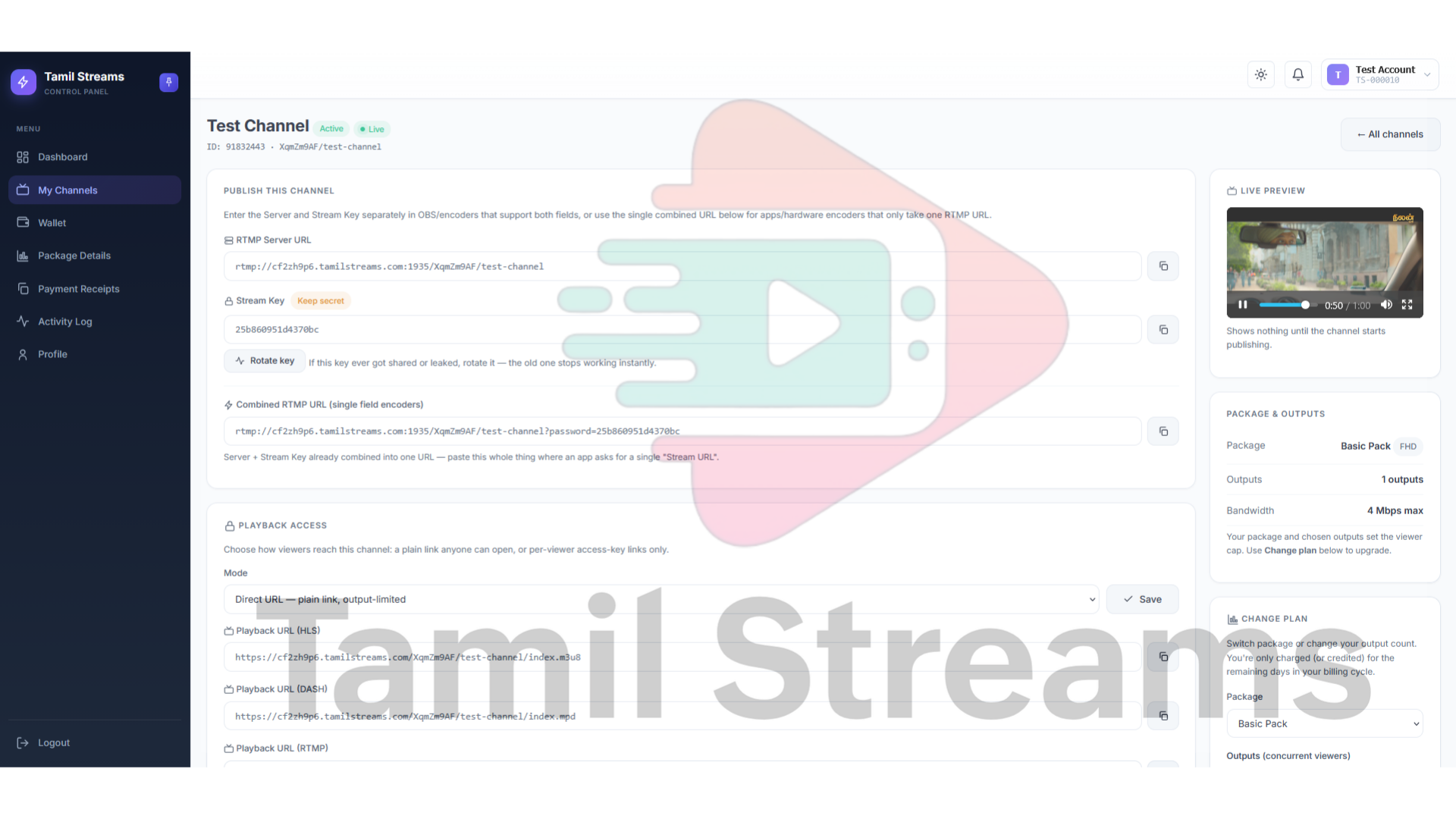 Live channel: Real-time viewers, bitrate and a built-in preview player.