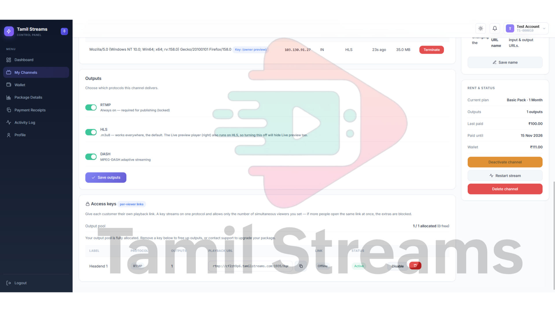 Access keys: Choose open or tokenised playback, with a viewer limit on every key.