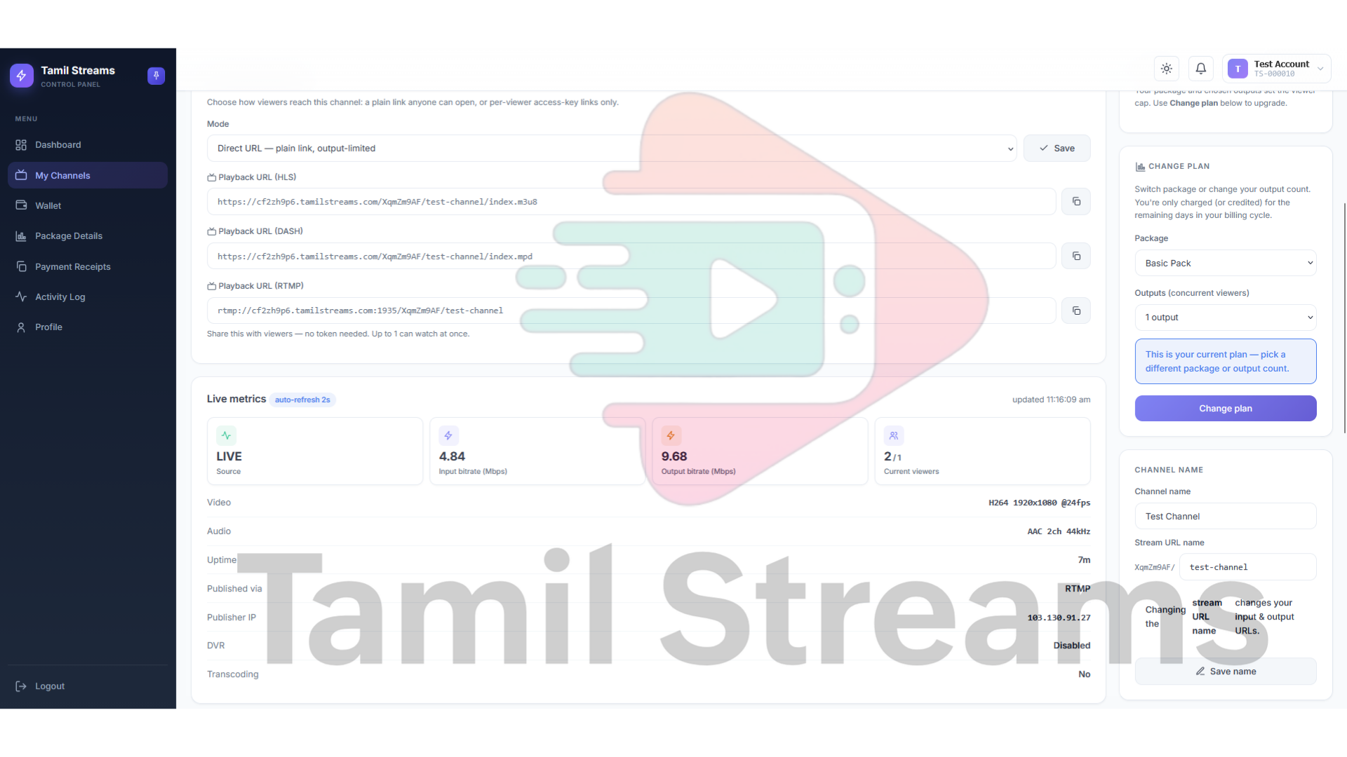 Output URLs: RTMP, SRT, HLS and DASH addresses ready to copy.